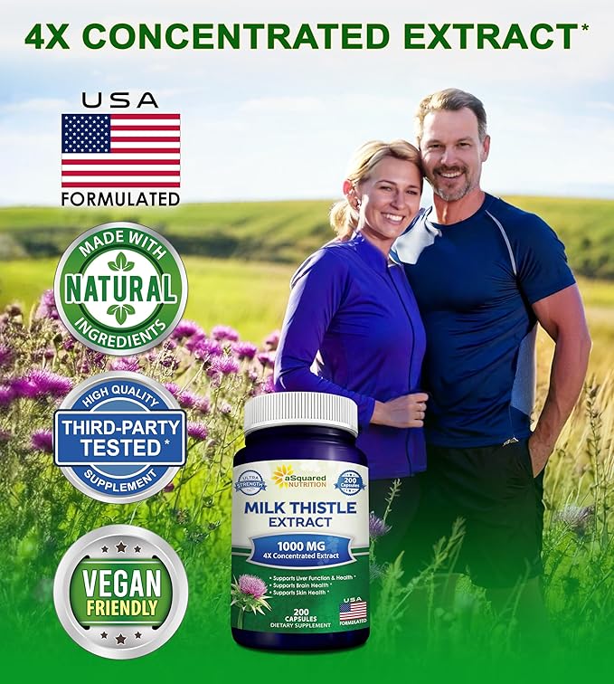 aSquared Nutrition Milk Thistle Supplement - 200 Capsules, Max Strength 4X Concentrated Extract 4:1 Milk Thistle Seed Powder Herb Pills, Silymarin Extract for Liver Support, Cleanse, Detox
