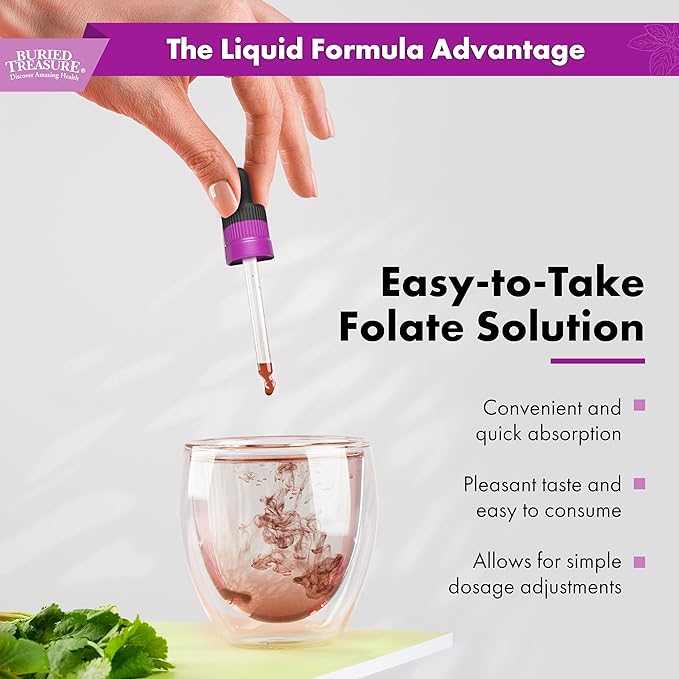 Buried Treasure Folate Drops - Methylated B-9 (Calcium L-5 Methyltetrahydrofolate), Supports Energy Production, Heart Health, and Pregnancy, 5-MTHF Supplement Vegan Safe, 120 Servings