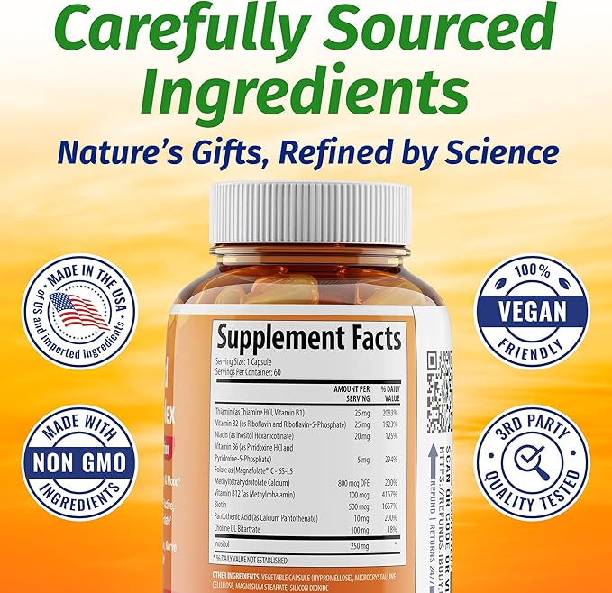 1 Body Vitamin B Complex Twin Pack with 5-MTHF Folate, B1, B2, B5, B6, Methyl B12, Niacin, Biotin 60 Capsules Each