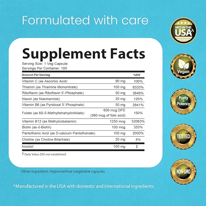 NaturaLife Labs Vitamin B-Complex with Vitamin C – Includes Active B2 (Riboflavin-5-Phosphate), B6 (Pyridoxal-5-Phosphate), B9 (5-MTHF) and B12 (Methylcobalamin); plus B1, B3, B5 and B7 – 100 Capsules