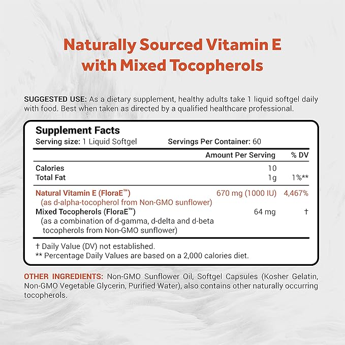 Naturalis Sunflower Vitamin E 670mg (1000 IU) with Mixed Tocopherols | Essential Skin Vitamin & Immune Support | Non-GMO, Soy & Gluten Free | 60 Softgels