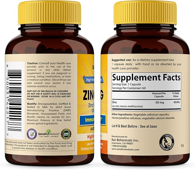 Zinc 50mg Capsules for Men and Women, 60 Count | Highly Absorbable Zinc Supplements for Immune System Support | Zink 50 mg Mono Methionine Chelated Complex | Helps with Skin Health & Overall Immunity