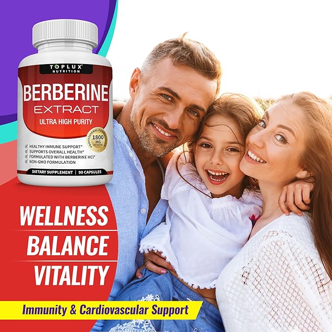 Toplux Berberine Supplement 1800mg - Berberine HCL 97% Tested Ultra High Purity Premium Berberine Extract to Support Overall Health, High Potency Berberine Plus Non-GMO Vegan Men Women, 90 Capsules