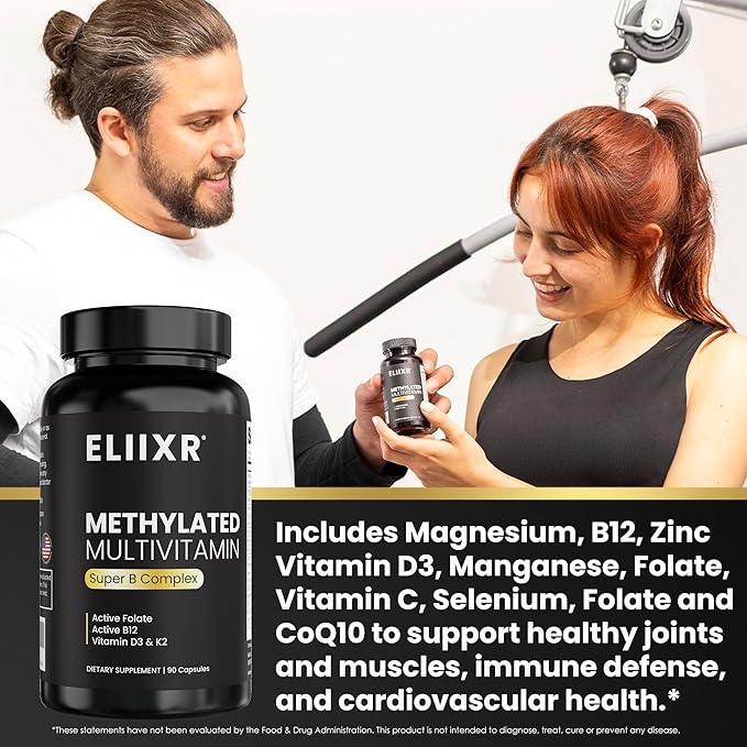 Eliixr Methylated Multivitamin, 3 Month Supply, 90 Capsules,1500 mcg of Active Folate, Methylated B12, Vitamin A, C, K2, D3, E, Choline, Biotin, ALA, CoQ10, B-Complex and More. Made in The USA