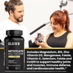 Eliixr Methylated Multivitamin, 3 Month Supply, 90 Capsules,1500 mcg of Active Folate, Methylated B12, Vitamin A, C, K2, D3, E, Choline, Biotin, ALA, CoQ10, B-Complex and More. Made in The USA