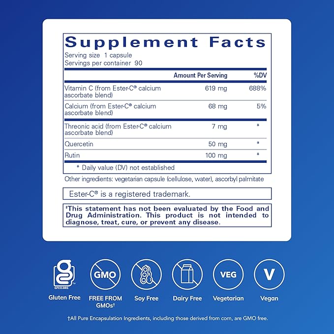 Pure Encapsulations Ester-C & Flavonoids - Vitamin C Supplement for Antioxidants - Immune & Vascular Support* with Calcium & Rutin - Gentle on Digestion - Vegan & Non-GMO - 90 Capsules