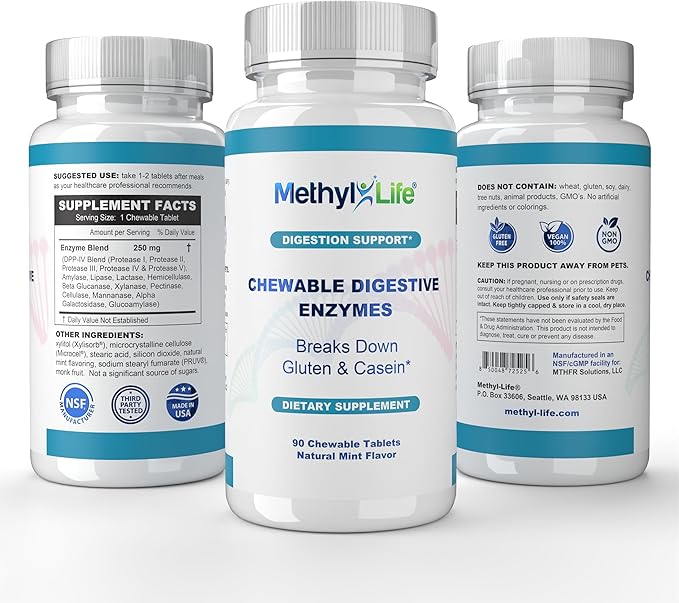Methyl-Life® Chewable Digestive Enzymes – Broad-Spectrum Plant-Based Enzyme Blend for Balanced Digestion & Nutrient Breakdown – Vegan, Non-GMO, Gluten-Free – Natural Mint-Flavored Tablets | 90 Count