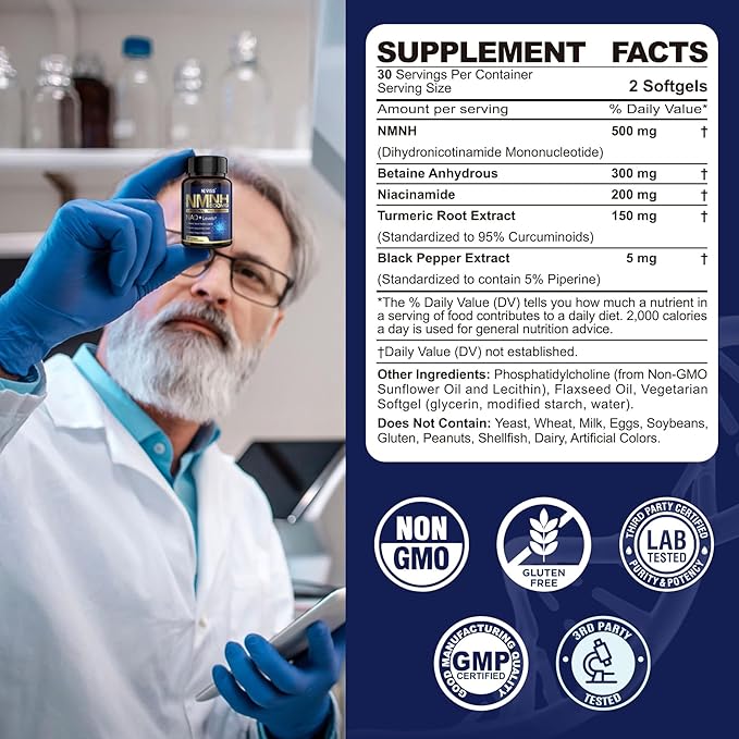 NEVISS NAD+ Supplement, Next-Gen NMNH Liposomal 500mg, NR NMN Supplement Alternative, High Absorption NAD+ with Curcumin, Niacinamide for Cellular Energy, DNA Repair, Healthy Aging, 60 Softgels