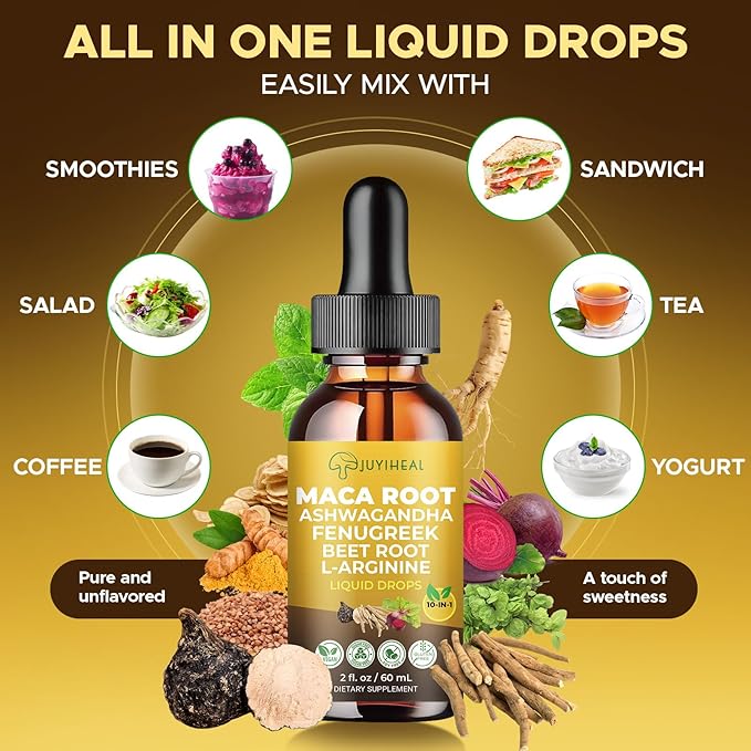 10-in-1 Maca Root Liquid Drops, Maca Root with Ashwagandha, Nettle, Fenugreek, Beet Root, and L-Arginine, Maca Supplement for Overall Support - 2 fl oz