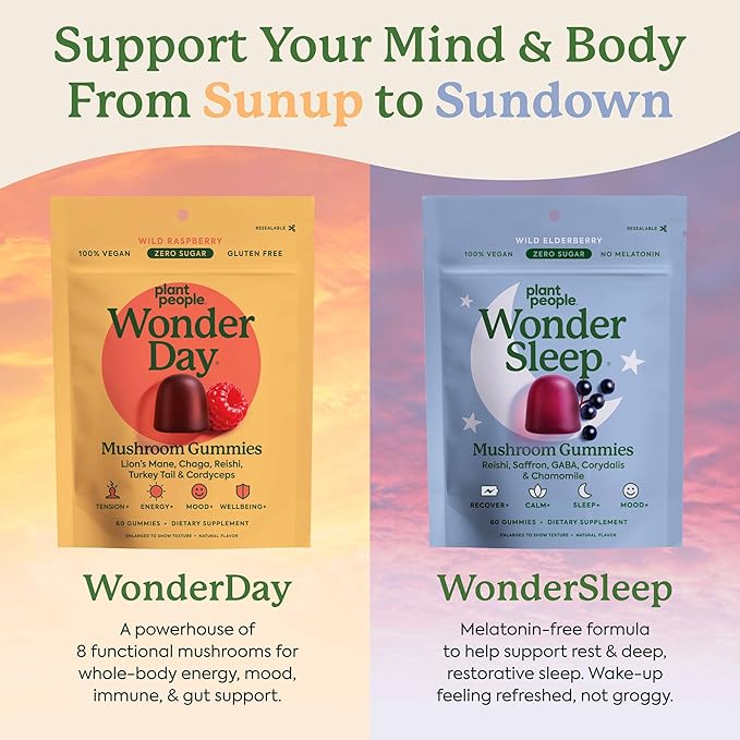 Plant People WonderDay & WonderSleep Mushroom Gummies Bundle – Daily Energy, Mood & Immune Support + Nighttime Sleep & Relaxation – Vegan - 60 Count Each