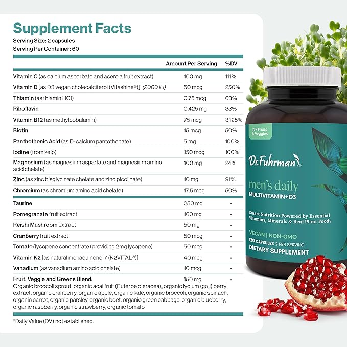 Dr. Fuhrman 2 Month Supply Multivitamin for Men + D3 Vitamin for Immune Support | Vegan Formula Womens Multivitamin with B12 & Zinc | Whole Food multivitamin with 17 Fruits & Veggies