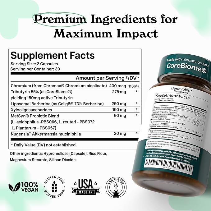 Benevolent Glp-1 Support | 5-in-1 Synbiotic with Akkermansia, MetSyn®, Chromax® & Liposomal Berberine | Natural GLP 1 Probiotics Supplement for Weight Management & Metabolic Balance, 60 Ct