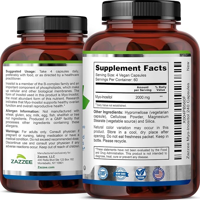 Zazzee Myo-Inositol Capsules, 2000 mg per Serving, 240 Vegan Capsules, Ideal Dosage for 40:1 Ratio, Certified Kosher, Hormone Balance & Healthy Ovarian Function Support, Non-GMO, Made in the USA