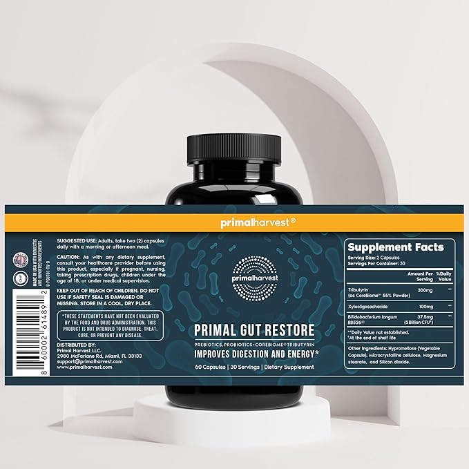 Primal Harvest Restore for Gut Health, Primal Gut Restore w/POSTbiotics, PREbiotics and PRObiotics for Women and Men, 60 CT - Digestion, Colon Cleanse, Immunity Support - Helps Leaky Gut Repair