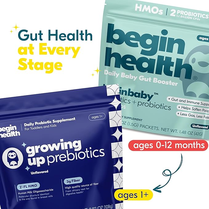 Begin Health BeginBaby Prebiotics and Probiotics for Infants 0-12 Months | Baby Formula Prebiotic + Probiotic Powder with 2'-FL HMO's & B. Infantis for Optimal Digestion | 28-Packs - Unflavored