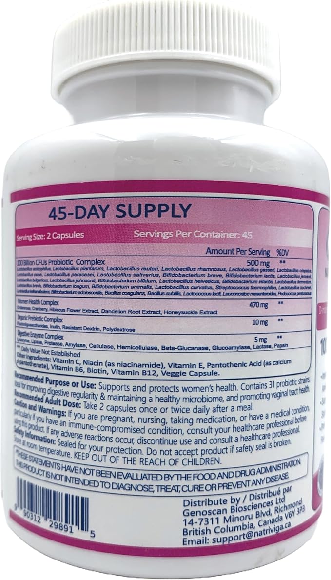 Women’s Probiotic 100 Billion CFU – 31 Strains with Prebiotics, Digestive Enzymes, Cranberry & D-Mannose – Supports Gut, Vaginal & Urinary Health – 90 Veggie Capsules