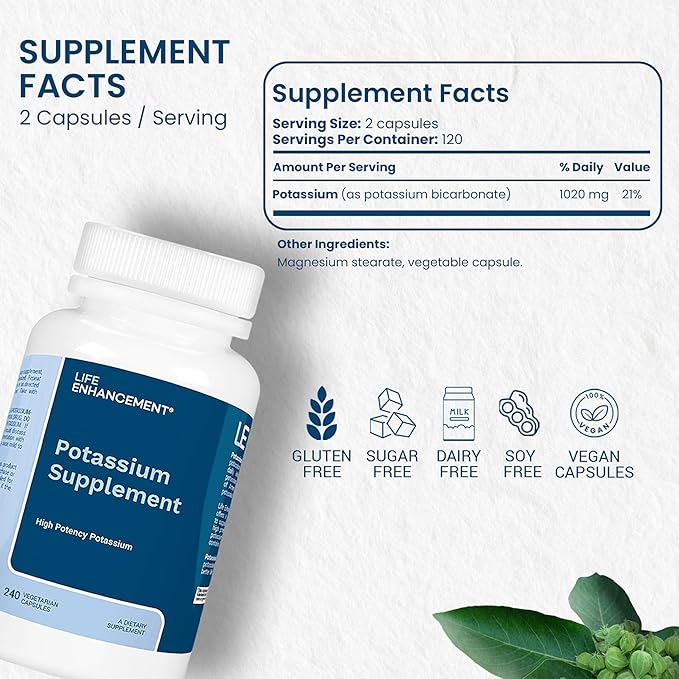 Life Enhancement High Potency 1020 mg Potassium Supplement for Muscle, Brain & Bone Health - No Additives High Absorption Elemental Potassium Supplement, Made in USA (240 Capsules – 120 Servings)