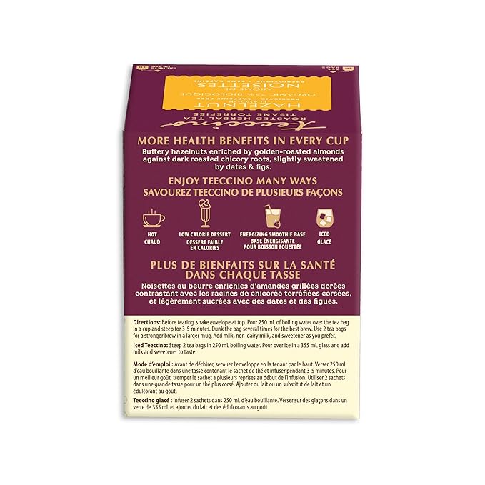 Teeccino Hazelnut Roasted Herbal Tea - Caffeine Free, Prebiotic, 3x More Herbs - 10 Tea Bags