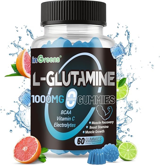 L-Glutamine Gummies 1000mg with BCAA, Potassium, Magnesium & Vitamin C, Muscle Recovery, Endurance Support & Daily Nutrition, Portable Supplement for Men＆Women, Lime Grapefruit Flavor, 60 Count