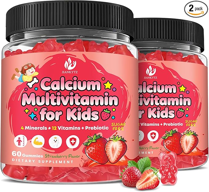 (2 Pack) Sugar Free Calcium Multivitamin Gummies for Kids with Methyl B12 & Methylfolate, Calcium, Vitamins C, D, A, B1, B2, B6, Biotin, Magnesium - Nutritional, Immune, Bone Support, 120 Ct