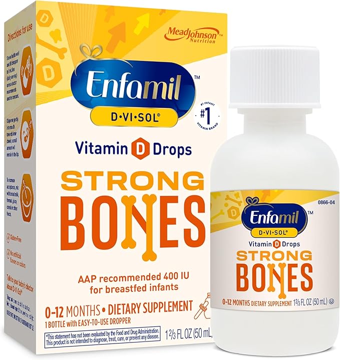 Enfamil Baby Vitamin D-Vi-Sol Liquid Supplement Drops for Infants, Supporting Strong Teeth & Bones in Newborn Babies, Easy-to-Use, Gluten-Free, 50 Day Supply, Dropper Bottle