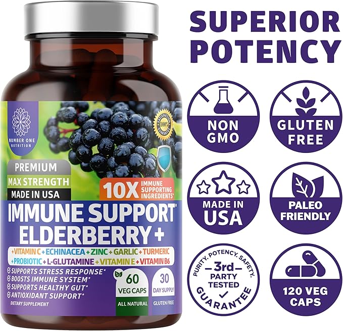 2-Pack N1N Premium 10-in-1 Immune Support Supplement [10 Potent Ingredients] with Elderberry, Vitamin C, Zinc, Echinacea, Turmeric Curcumin, Garlic and Probiotics for Adults, 120 Veg Caps