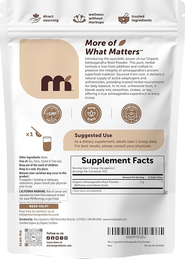 Micro Ingredients Organic Ashwagandha Root Powder, 2 lb | 453 Servings | Pure Withania Somnifera Root | Ancient Ayurvedic Herb
