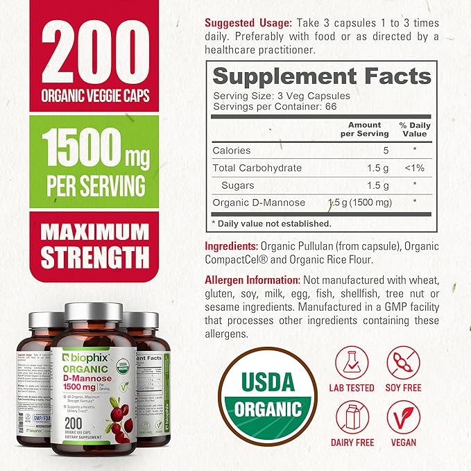biophix D-Mannose USDA Organic 1500 mg 200 Veggie Caps - Supports a Healthy Bladder Urinary Tract, Non-GMO, Vegan-Friendly