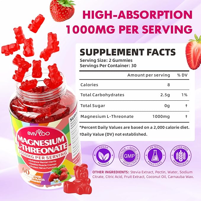 1000mg Magnesium L-Threonate Gummies for Kids & Adults - Muscle & Nervous System Support, Vegan, Sugar-Free Strawberry Flavor, 120 Gummies