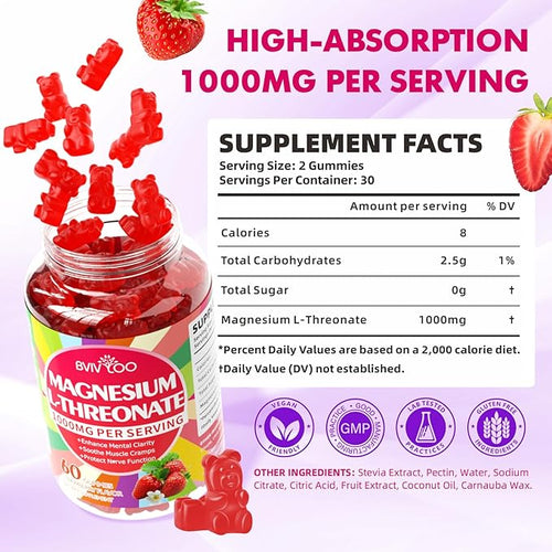 1000mg Magnesium L-Threonate Gummies for Kids & Adults - Muscle & Nervous System Support, Vegan, Sugar-Free Strawberry Flavor, 120 Gummies