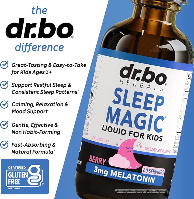 Liquid Melatonin Kids Sleep Aid - Sleep Magic Kids Melatonin Liquid 3mg Berry Drops, D3, L Theanine - Children's Sleeping Aids, Natural Calm L-Theanine Supplement, Toddler Travel Essentials 2 Fl Oz