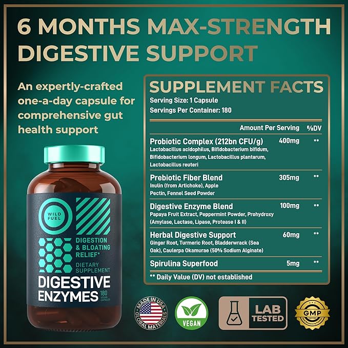Digestive Enzymes for Women and Men with Probiotics and Prebiotics - Vegan Digestive Enzyme Blend - Bloating Support, Gut Health & Digestion Supplement with Artichoke Ginger Turmeric - 180 Capsules
