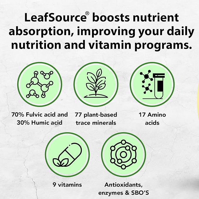 LEAFSOURCE Humic Fulvic Acid Liquid 2oz Trace Minerals with Electrolytes Collagen Vitamins Superior Humic to Fulvic Ratio More Energy Gut Health Joint Health Immune Support Hydration 180 serv