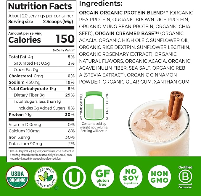 Orgain Organic Vegan Protein Powder, Horchata - 21g Plant Based Protein, 9g Prebiotic Fiber, Low Net Carb, No Lactose Ingredients, No Added Sugar, Non-GMO, For Shakes & Smoothies, 2.03 lb