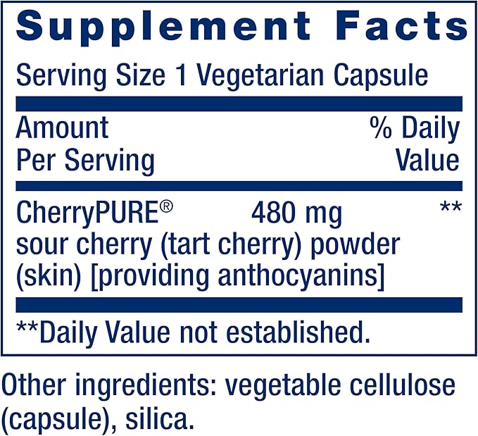 Life Extension Tart Cherry with CherryPURE®, anthocyanins, oxidative Stress, Muscle Recovery, Exercise Support, Muscle Comfort, Vegetarian, Gluten-Free, Non-GMO, 60 Capsules