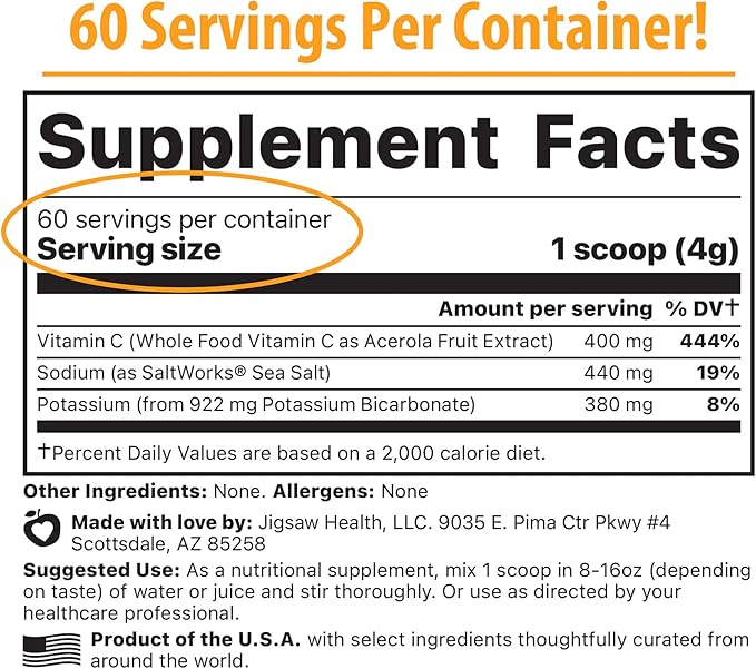 Jigsaw Health Adrenal Cocktail + Wholefood Vitamin C | with Potassium Bicarbonate, Sea Salt, and Acerola Cherry Extract | 60 Servings (Jar)