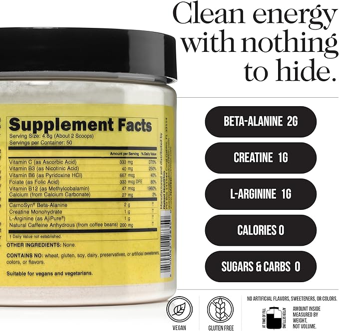 NAKED Energy - Pure Pre Workout Powder for Men and Women, NSF Certified, Vegan, Unflavored, Healthy Pre Workout - No Added Sweeteners, Colors Or Flavors - 50 Servings