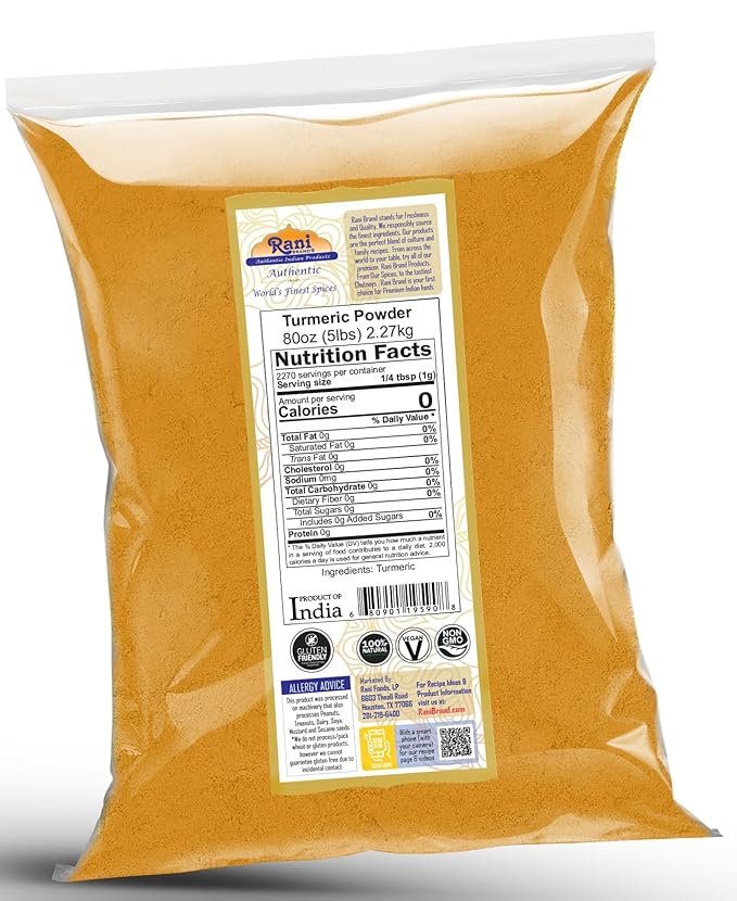 Rani Turmeric (Haldi) Root Powder Spice, (High Curcumin Content) 80oz (5lbs) 2.27kg Bulk ~ All Natural | 100% Pure, Salt Free | Vegan | Gluten Friendly | NON-GMO | Kosher | Indian Origin