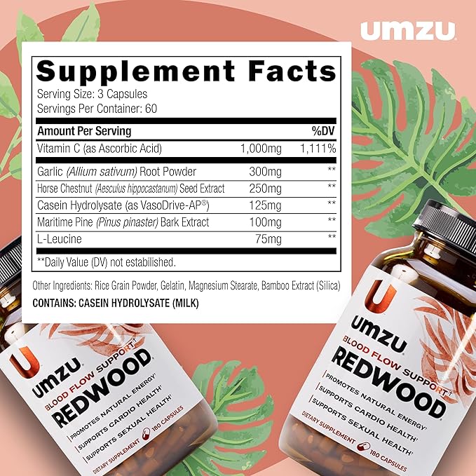 UMZU Redwood Nitric Oxide Booster, (30 Day Supply) – Vitamin C, Garlic & Horse Chestnut – Healthy Circulation & Endurance – Daily Cardiovascular Support Nitric Oxide Supplement Blood Flow Supplement