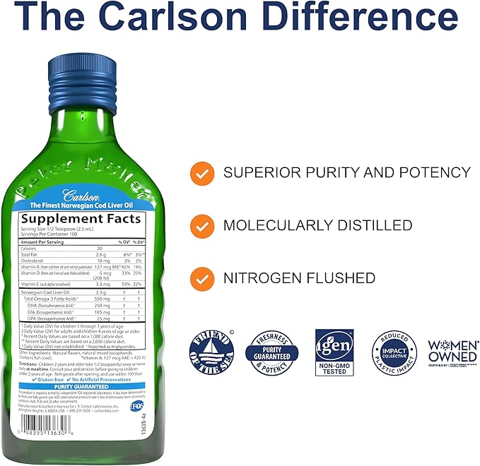 Carlson - Kid's Cod Liver Oil, 550 mg Omega-3s, Vitamins A & D3, Wild Norwegian, Bubble Gum, 250 mL