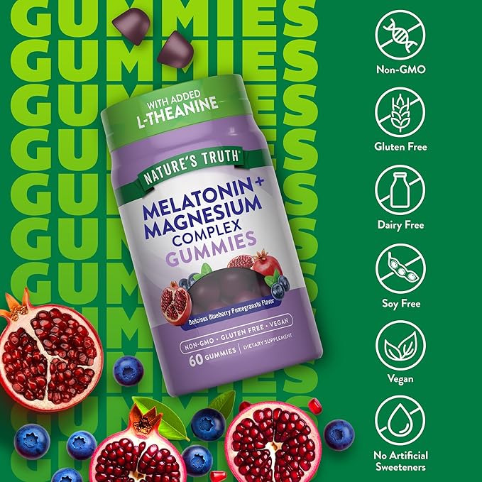 Nature's Truth Melatonin with Magnesium Gummies | 60 Count | Plus L-Theanine | Blueberry Pomegranate Flavor | Vegan, Non-GMO & Gluten Free Supplement