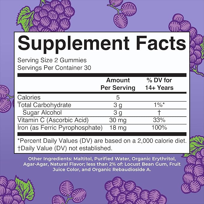 MaryRuth's Iron Gummies for 14+ with Vitamin C for Absorption | Sugar Free | Gummy Iron Supplement + VIT C | Energy Metabolism | Cellular Health | Immune Support | Vegan | Non-GMO | 60 Count