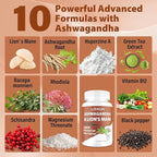 Ashwagandha & Lions Mane Supplement Capsules, Brain Supplements for Memory and Focus, Ashwagandha Supplement with Rhodiola & Black Peppe, Cortisol Supplements for Women & Men,90 Caps