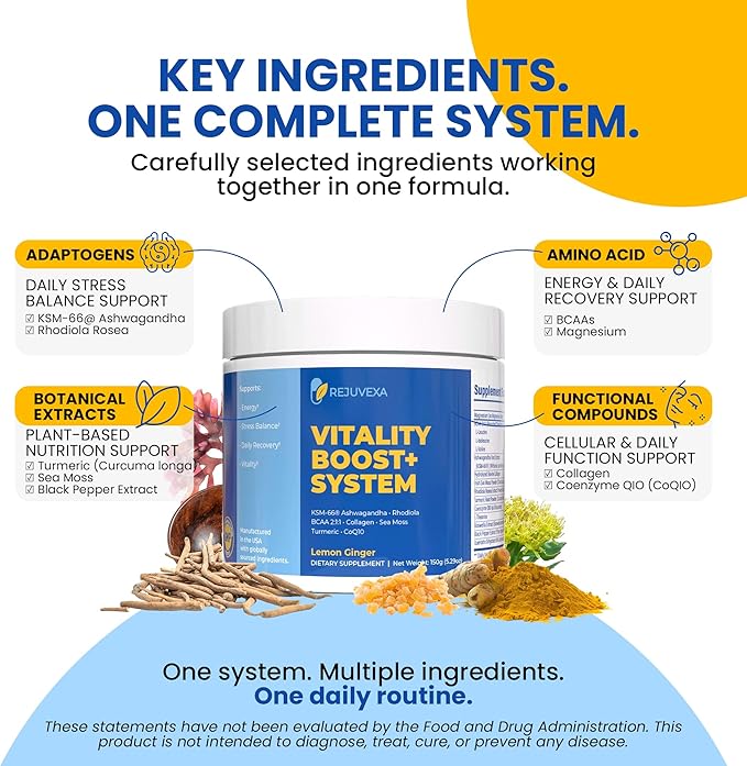 Vitality Boost+ System – Daily Energy & Stress Support Powder – 500mg KSM-66® Ashwagandha, BCAA 2:1:1, Magnesium, CoQ10 & Collagen – 30 Servings – Lemon Ginger – Made in USA