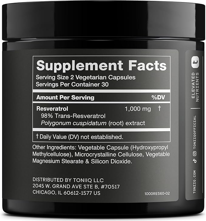 Ultra High Potency Third-Party Tested Trans Resveratrol 1000mg - 98% Pure, Highly Purified and Bioavailable - Resveratrol Polygonum Root Extract - 60 Capsules
