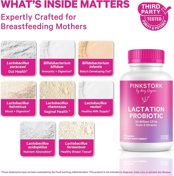 Pink Stork Lactation Probiotic - 30 Billion CFUs Multi-Strain Postnatal Probiotics for Breastfeeding Women - Supports Breast Milk and Gut Health, Postpartum Essentials, Mint Essence, 30 Capsules