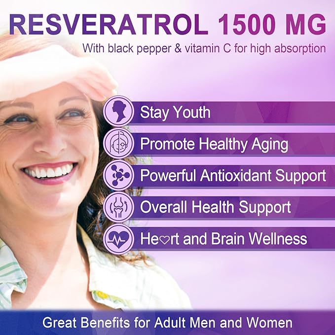 Resveratrol Supplement 1500mg - Resveratrol Gummies Supports NAD⁺, NMN & NMNH Synergy, with Quercetin, Grape Seed, Acai Berries Extracts for Antioxidant, Healthy Aging & longevity, Skin, Brain - 1Pcs