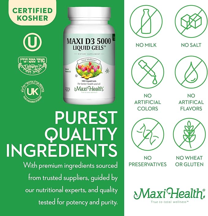 Maxi Health Vitamin D3 5000 IU Softgels - 125 mcg D3 Vitamin 5000 IU - Vitamin D 5000 IU for Healthy Bones & Teeth - Dietary Vitamins Supplements for Immune Support - (180 Count)