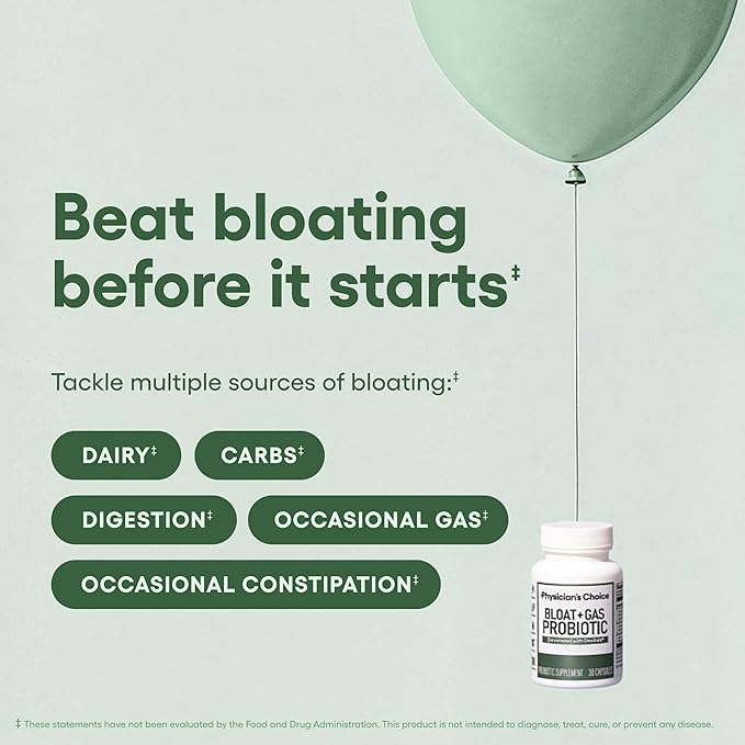 Physician's CHOICE Bloat & Gas Probiotic 5-in-1 Proactive Support + Daily Relief - Digestion & Gut Health- Herbals, Digestive Enzymes, Post & Prebiotics - Gas Relief for Adults - Women & Men - 30ct