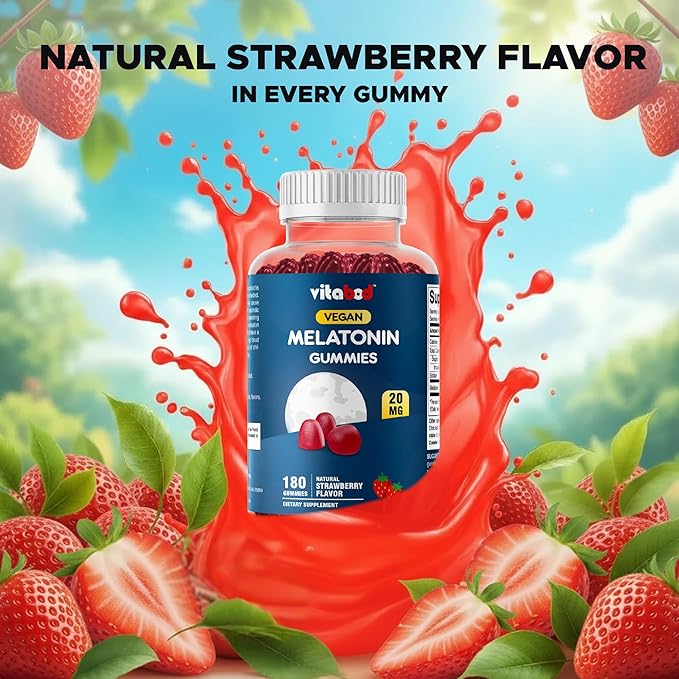 Vitabod Melatonin 20mg Gummies - 180 Count - Drug Free - Natural Strawberry Flavor - Vegetarian, Non-GMO, Gluten Free (2 Bottles)